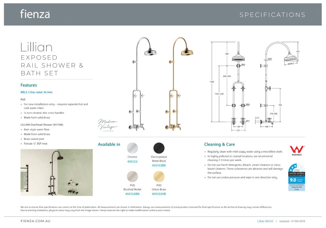 Fienza Lillian Exposed Rail Shower & Bath Set Urban Brass