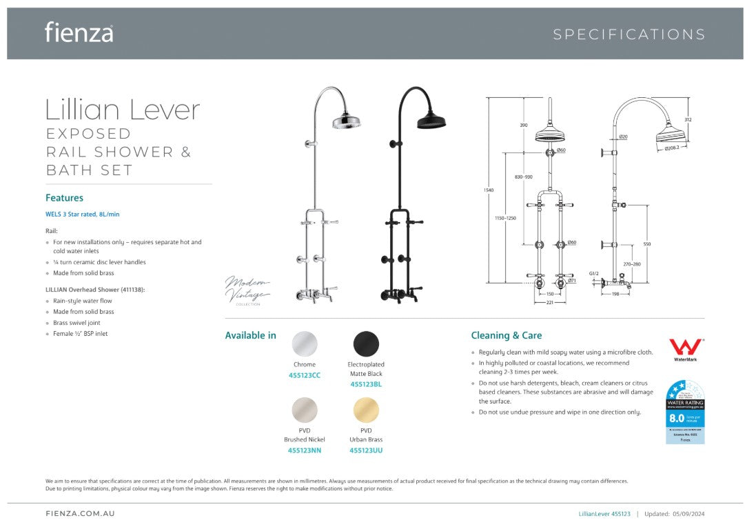 Fienza Lillian Lever Exposed Rail Shower & Bath Set Urban Brass
