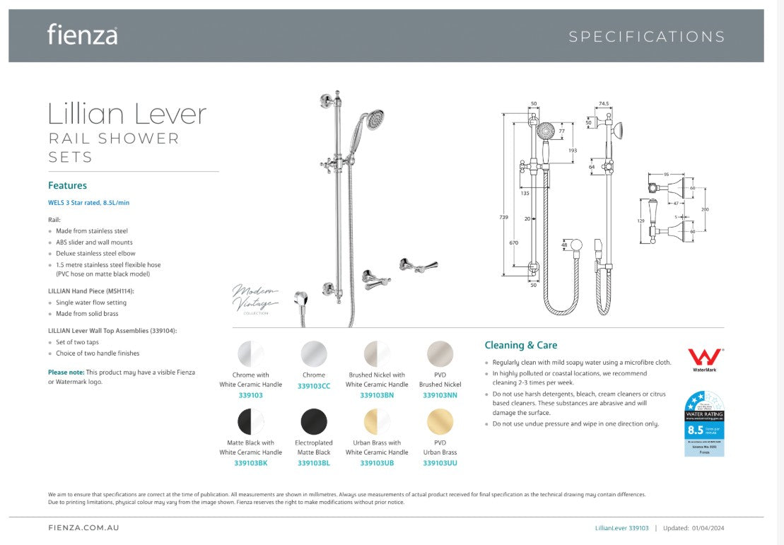 Fienza Lillian Lever Rail Shower Set Urban Brass with Ceramic White Handle