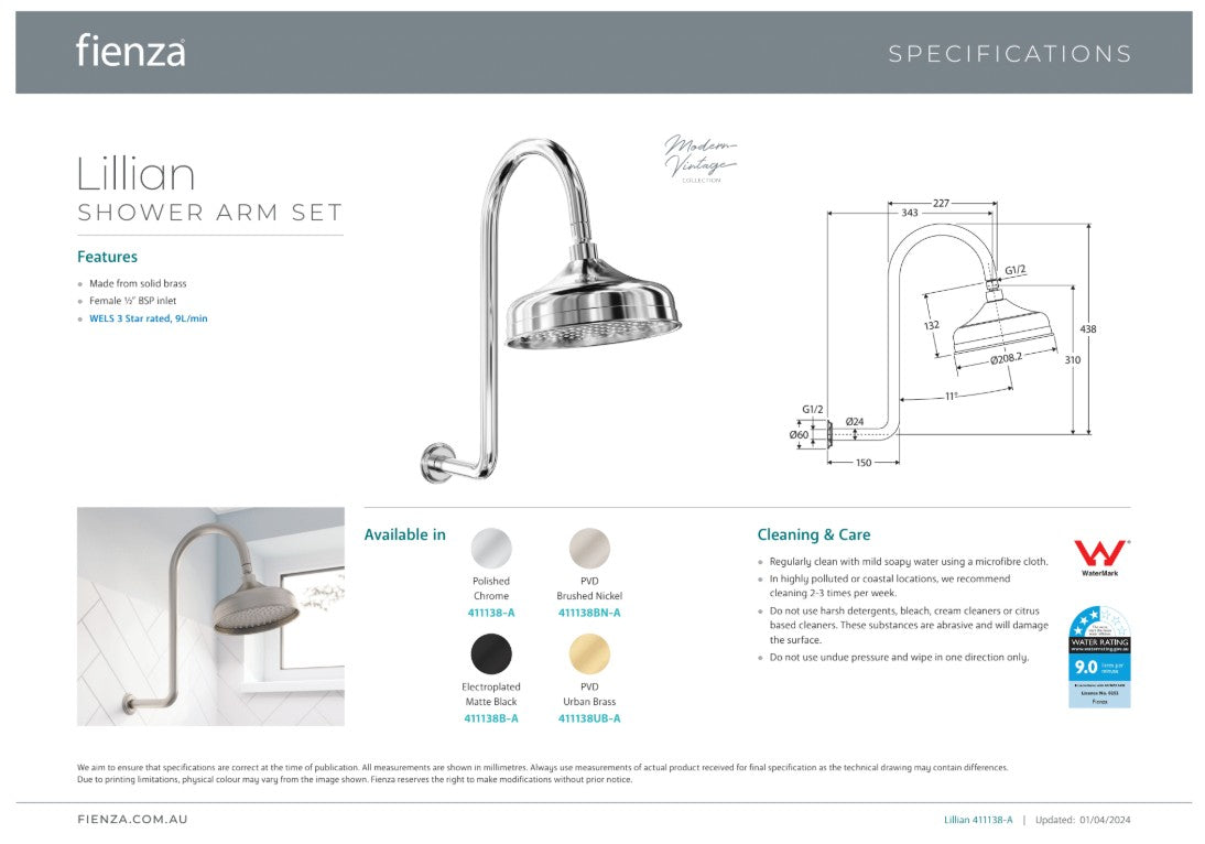 Fienza Lillian Wall Arm Shower Set Urban Brass