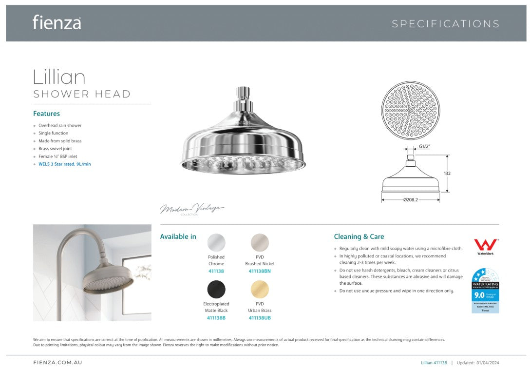 Fienza Lillian Shower Head Urban Brass