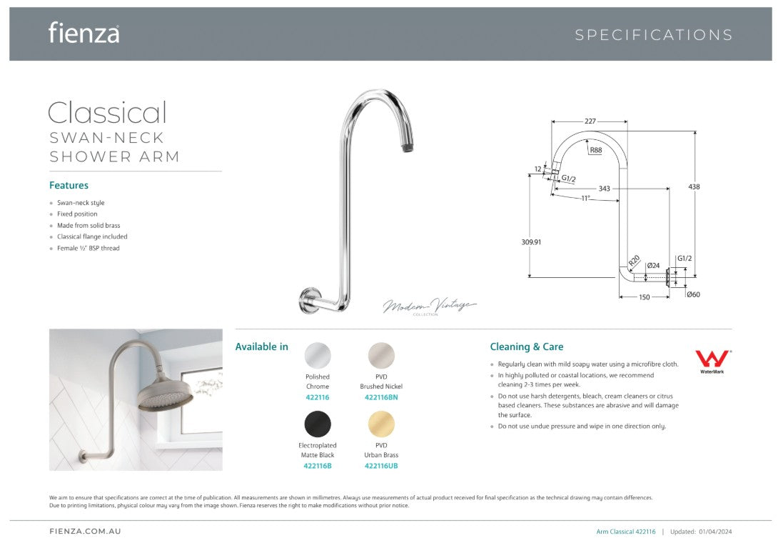 Fienza Classical Fixed Swan-Neck Arm Urban Brass