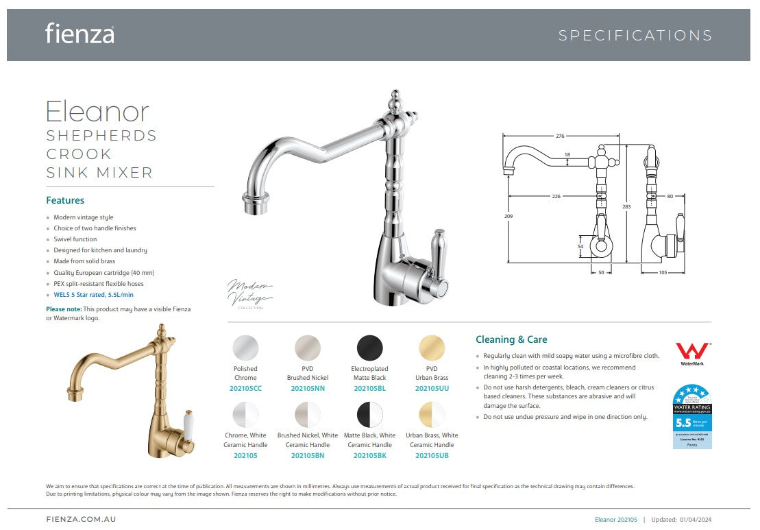 Fienza Eleanor Shepherds Crook Sink Mixer Brushed Nickel / Ceramic