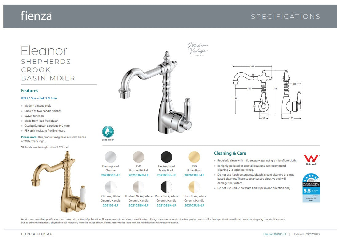 Fienza Eleanor Shepherds Crook Basin Mixer Brushed Nickel