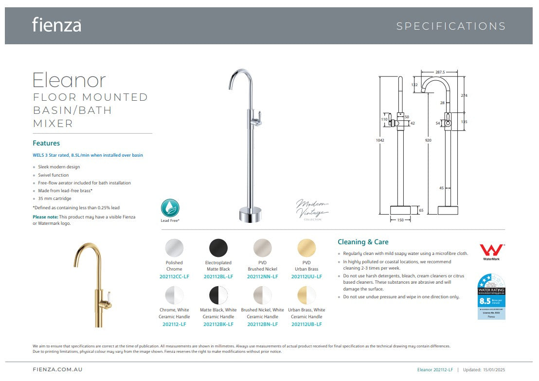 Fienza Eleanor Floor Mounted Basin/Bath Mixer, Brushed Nickel / Ceramic
