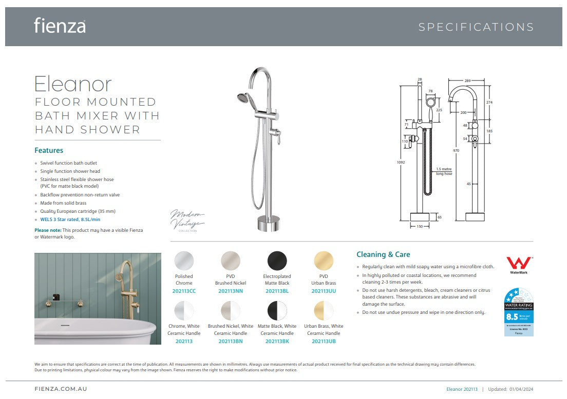 Fienza Eleanor Floor Mixer & Shower Brushed Nickel / Ceramic