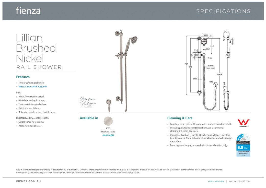 Fienza Lillian Rail Shower Brushed Nickel