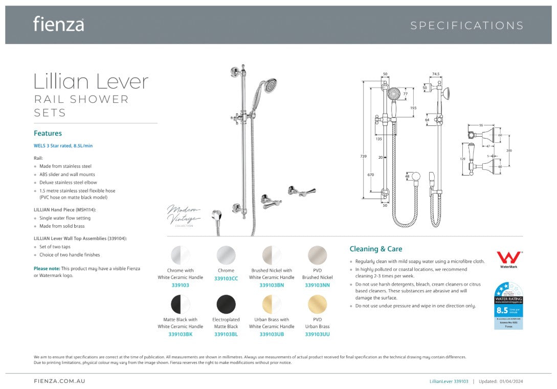 Fienza Lillian Lever Rail Shower Set Brushed Nickel