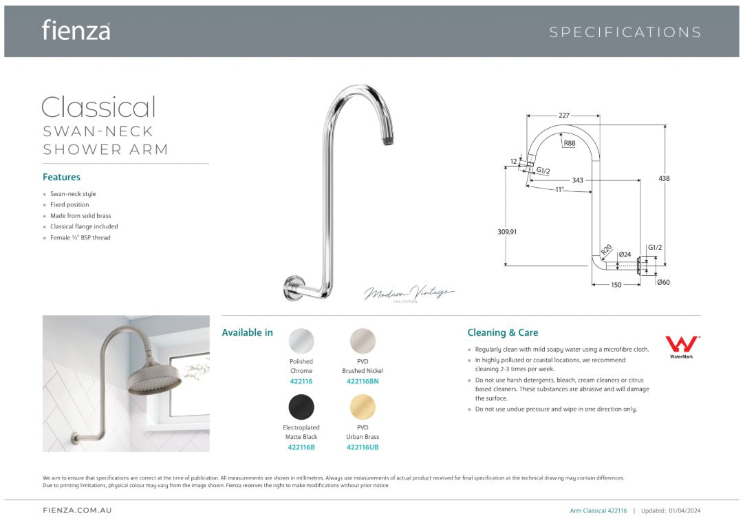 Fienza Classical Fixed Swan-Neck Arm Brushed Nickel