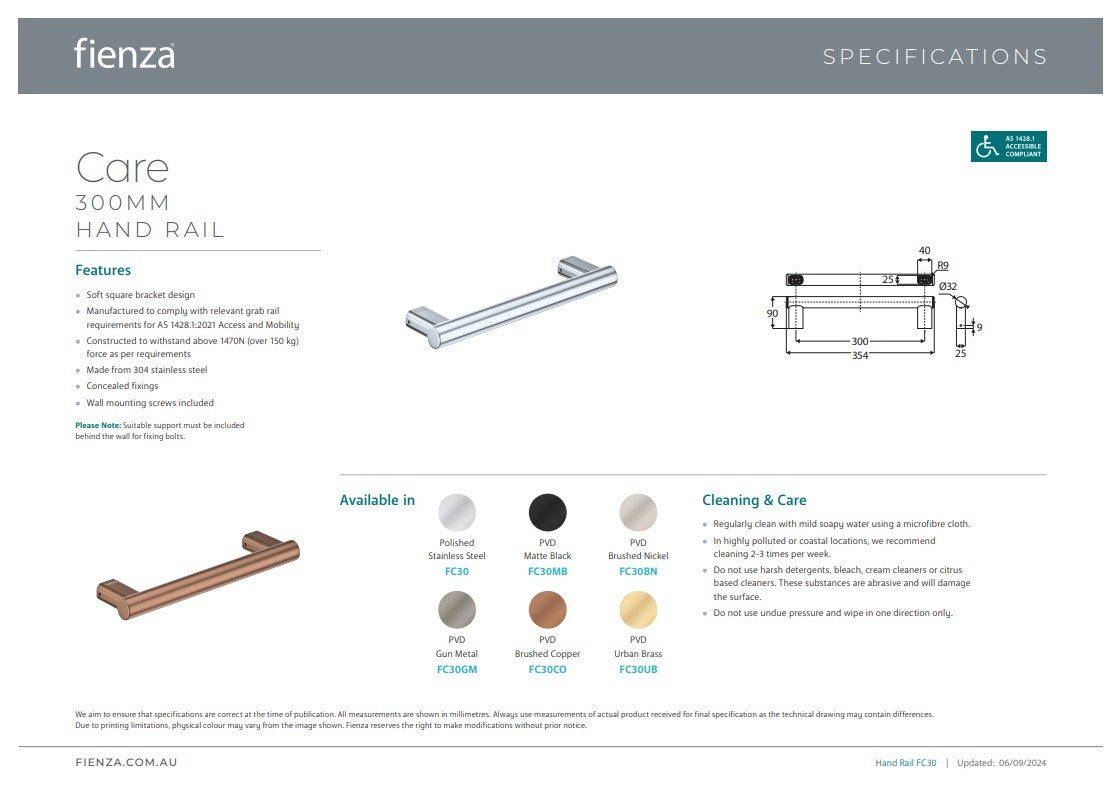 Fienza Care Slimline Hand Grab Rail 300mm Brushed Copper