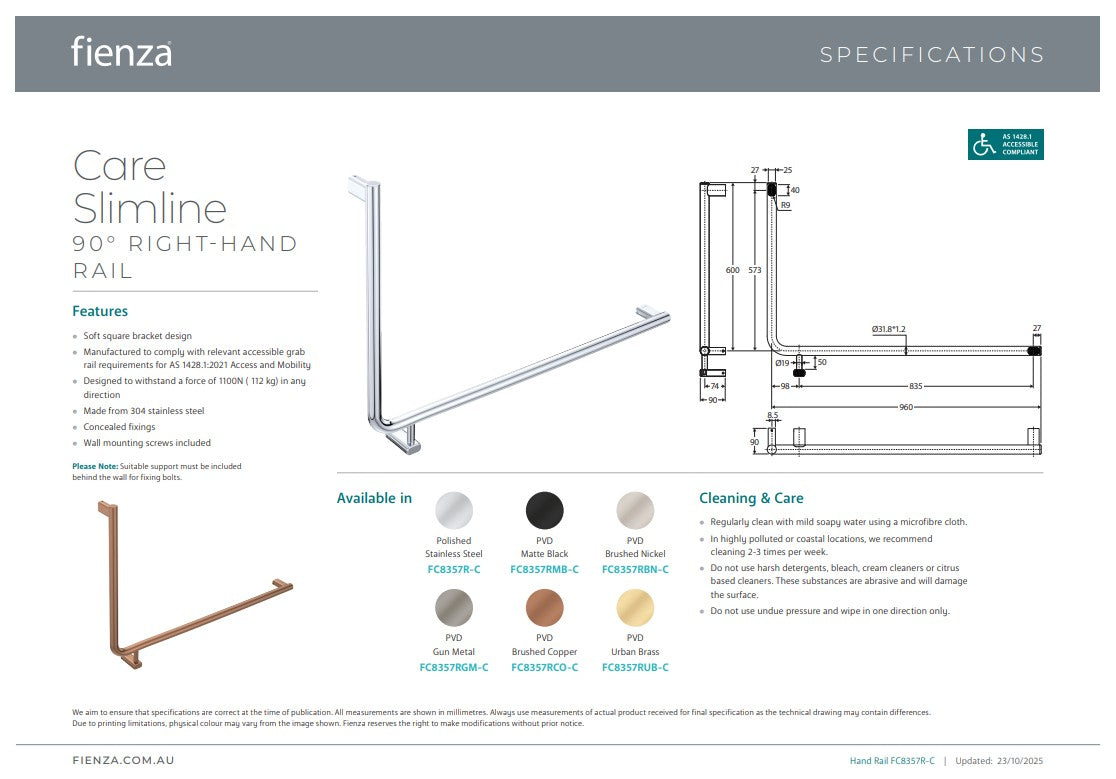 Fienza 90° Care Slimline Right-Hand Grab Rail Stainless Steel
