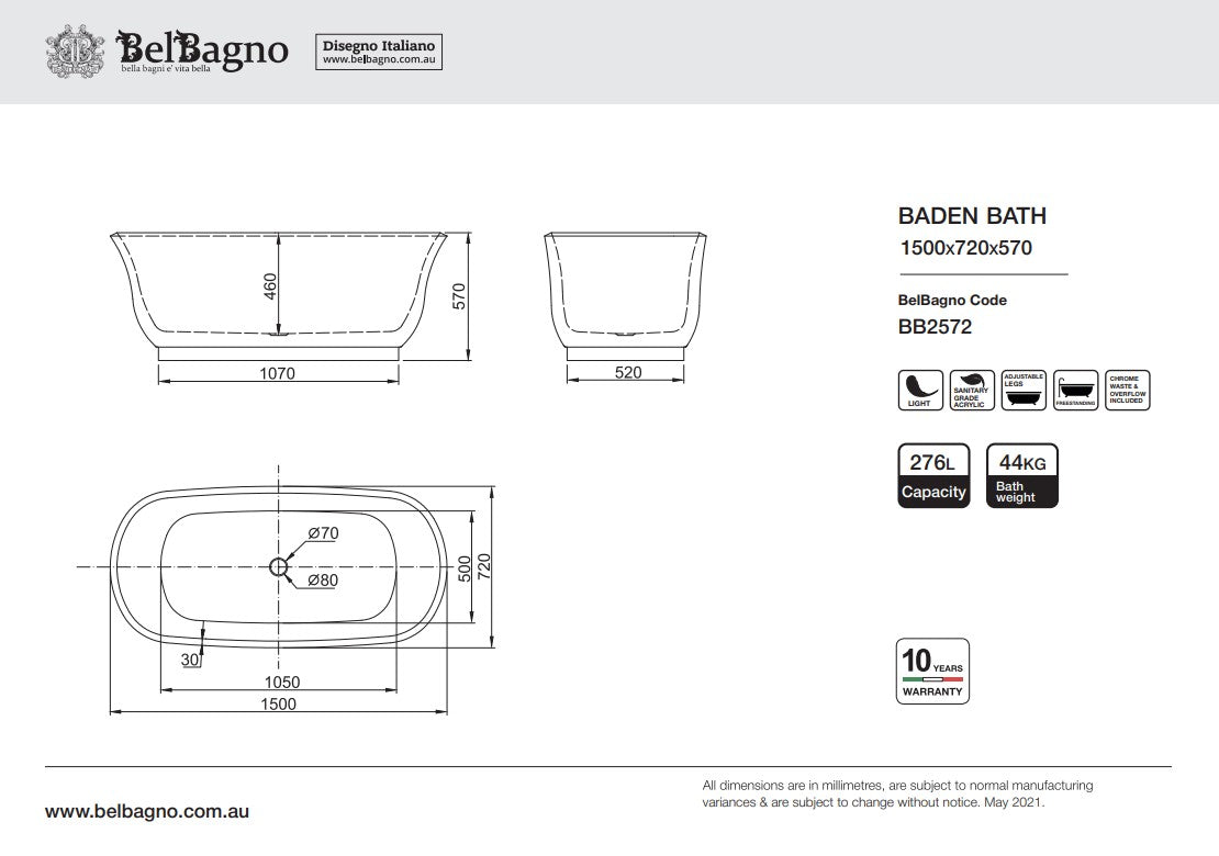 Bel Bagno Baden Free Standing Bath Gloss White 1500mm