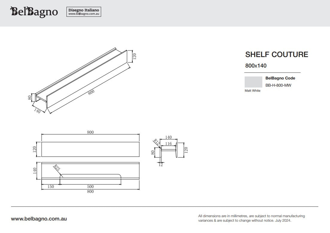 BelBagno H Collection Solid Surface Shelf 800