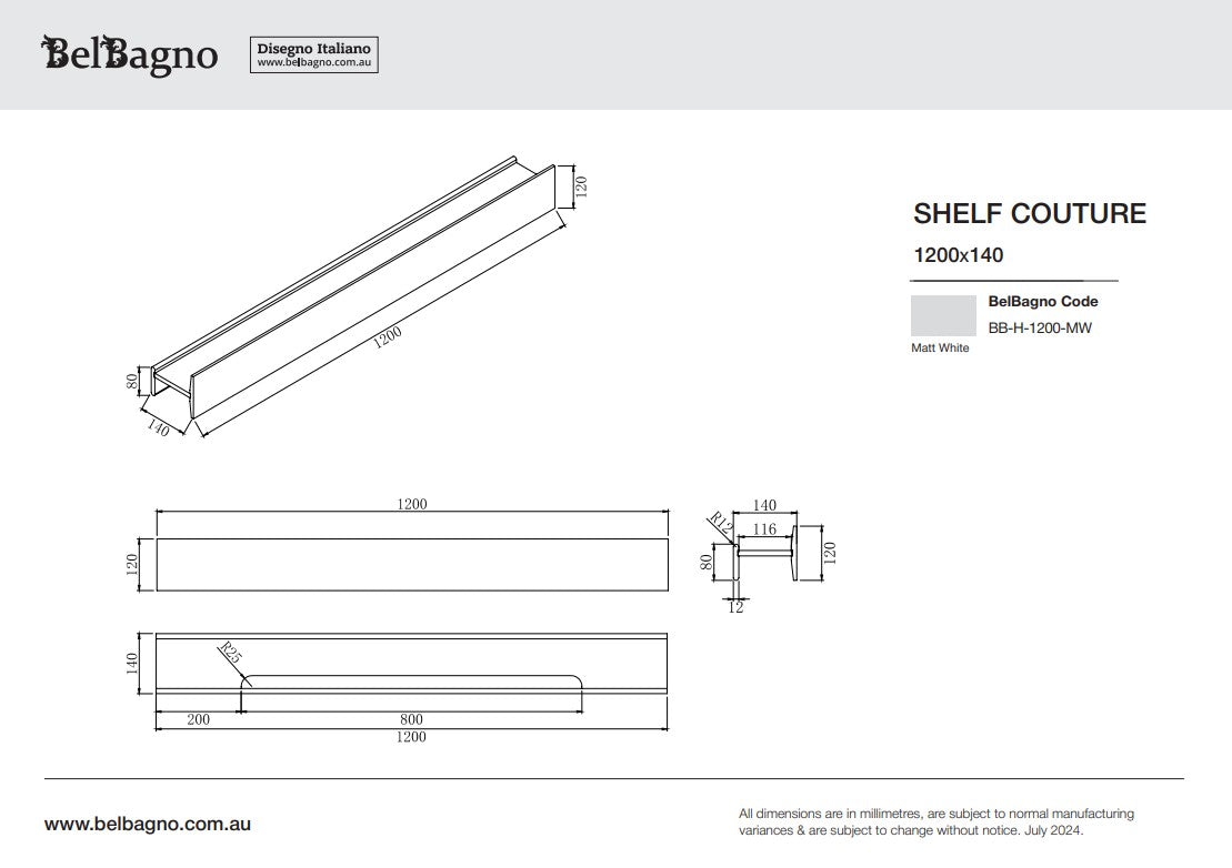 BelBagno H Collection Solid Surface Shelf 1200
