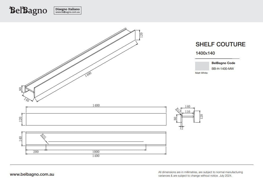 BelBagno H Collection Solid Surface Shelf 1400