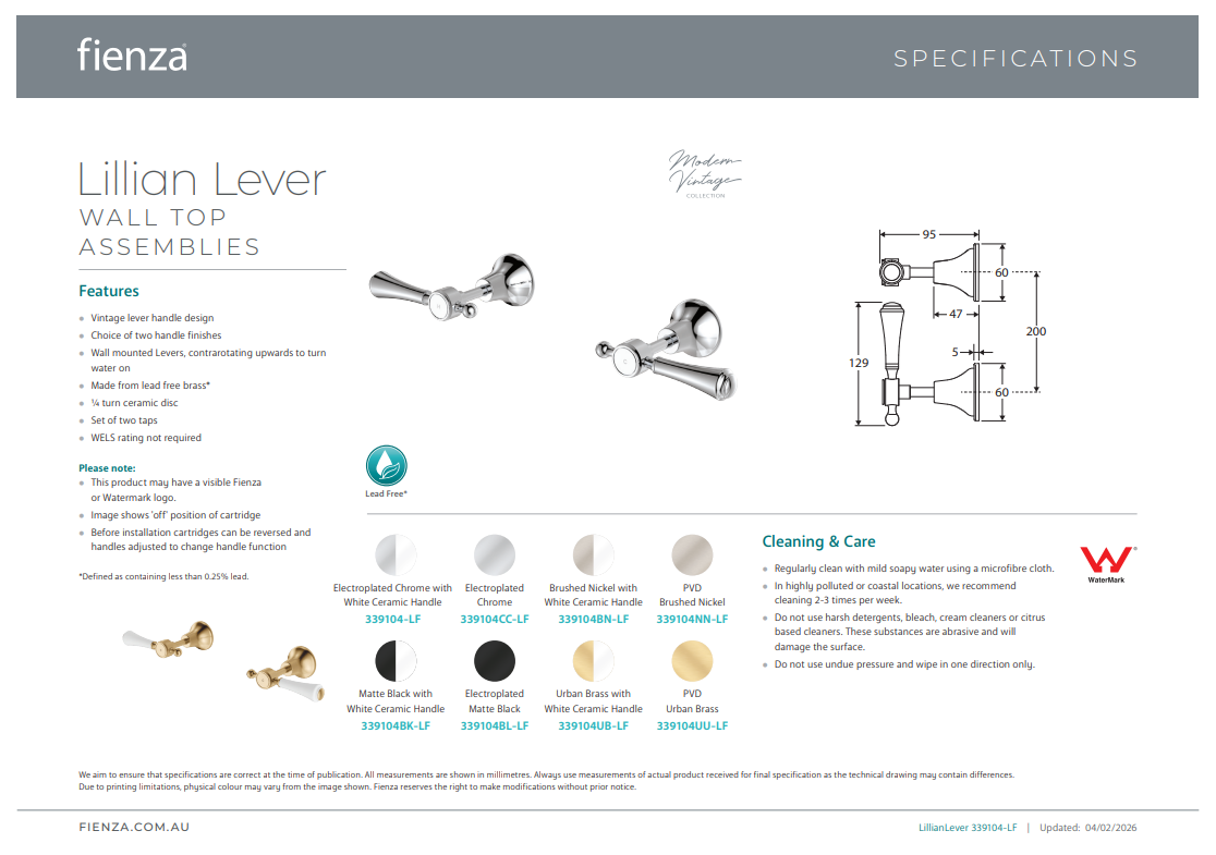 Fienza Lillian Lever Wall Top Assemblies Urban Brass