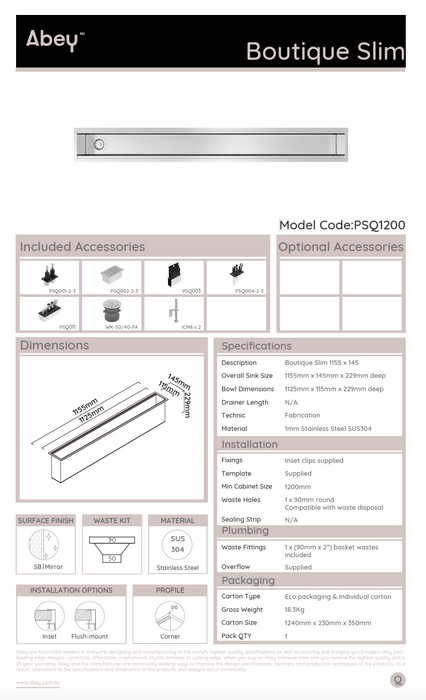 Abey Boutique Slim 1200 Prep Sink