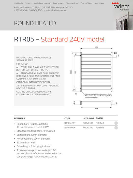 Radiant 240V Heated Round Ladder 900 x 1100 Mirror Polished