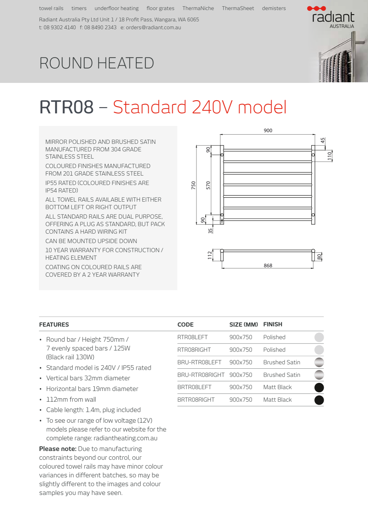 Radiant 240V Heated Round Ladder 900 x 750 Matt Black