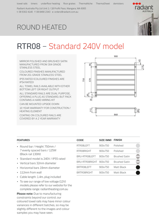 Radiant 240V Heated Round Ladder 900 x 750 Matt Black
