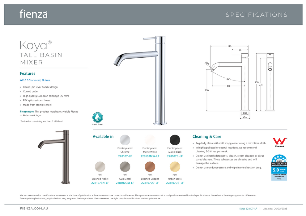 Fienza Kaya Tall Basin Mixer Matte Black