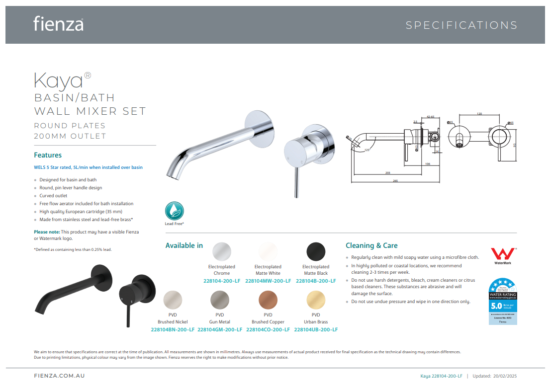 Fienza Kaya Wall Basin/Bath Mixer Set 200mm Chrome