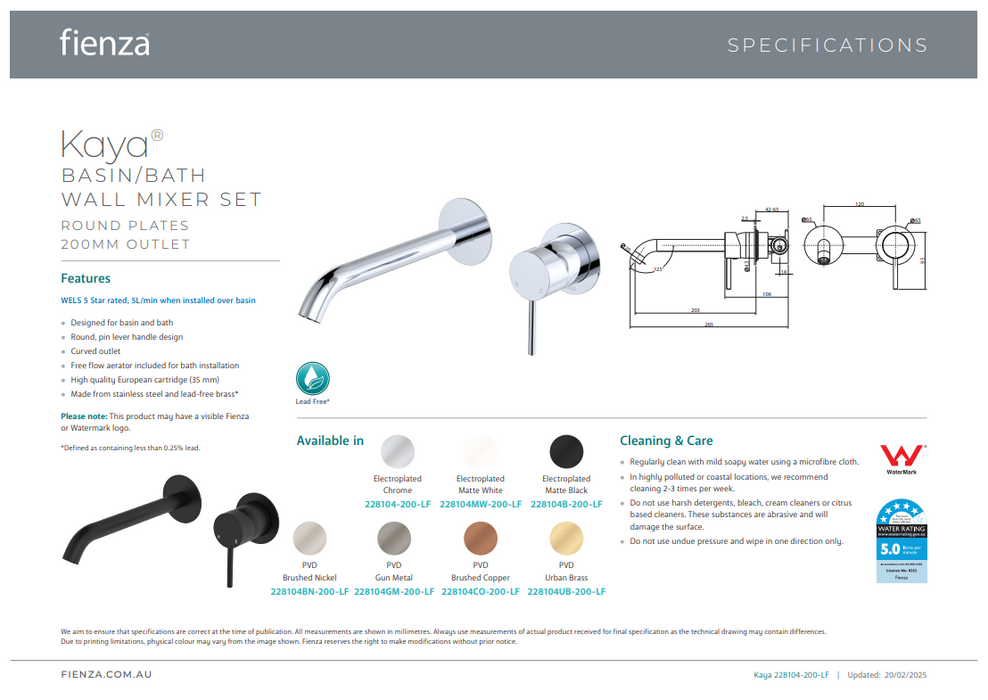 Fienza Kaya Basin/Bath Wall Mixer Set 200mm Brushed Copper