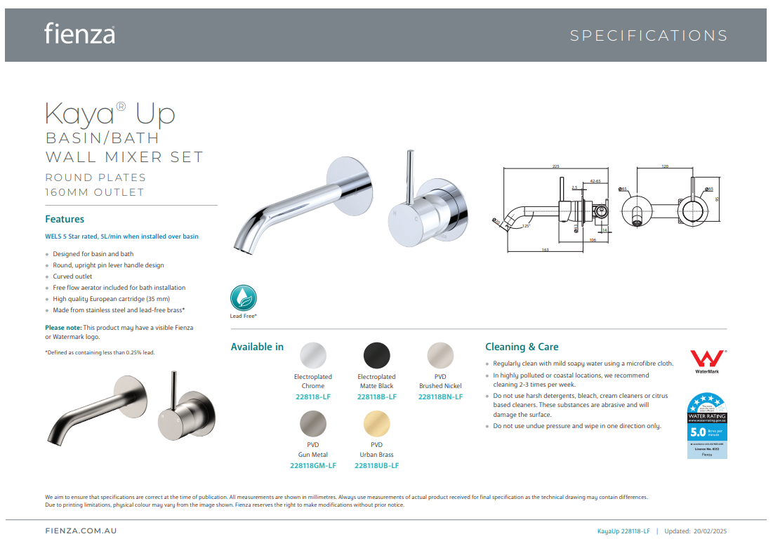 Fienza Kaya Up Basin/Bath Wall Mixer Set 160mm Urban Brass