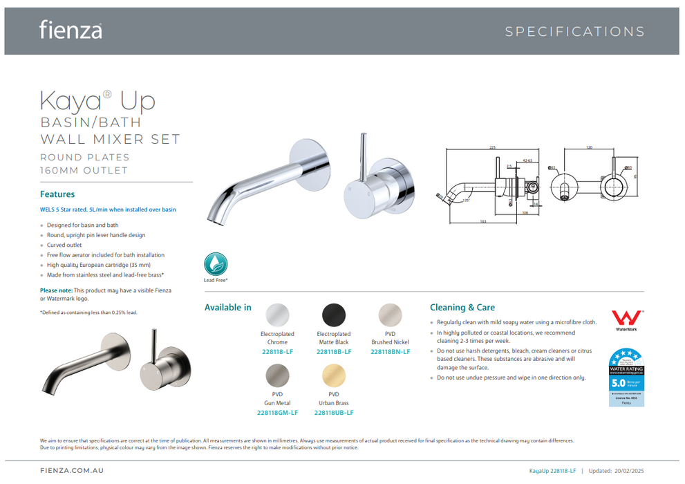 Fienza Kaya Up Basin/Bath Wall Mixer Set 160mm Urban Brass