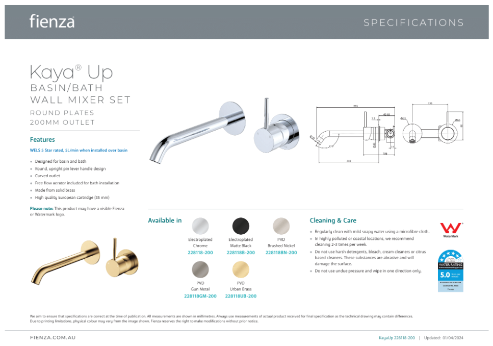 Fienza Kaya Up Wall Basin/Bath Mixer Set 200mm Chrome