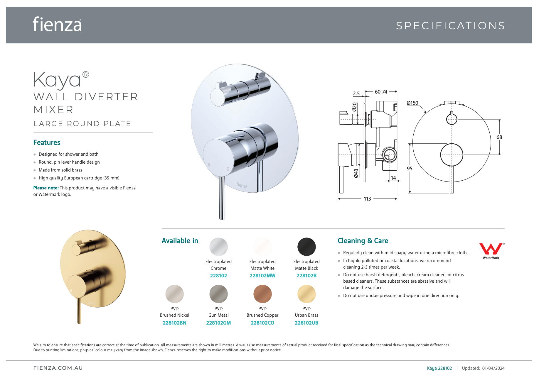 Fienza Kaya Wall Diverter Mixer Large Round Plate Gun Metal