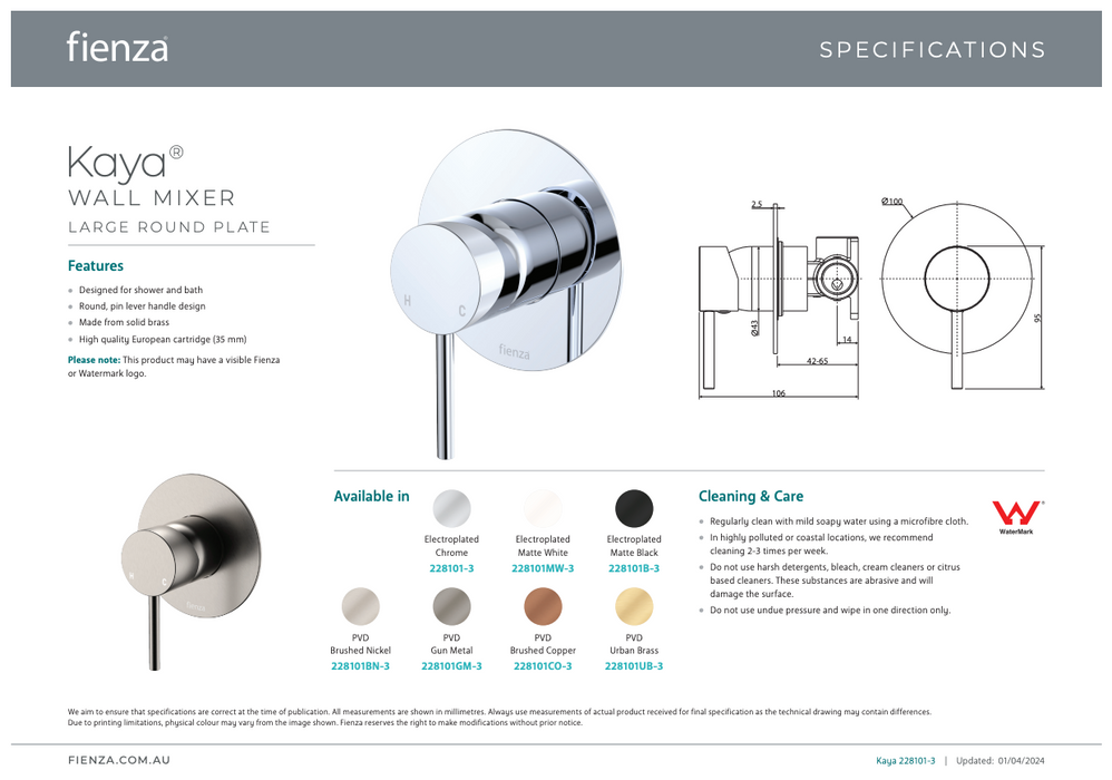 Fienza Kaya Wall Mixer Large Round Plate Chrome