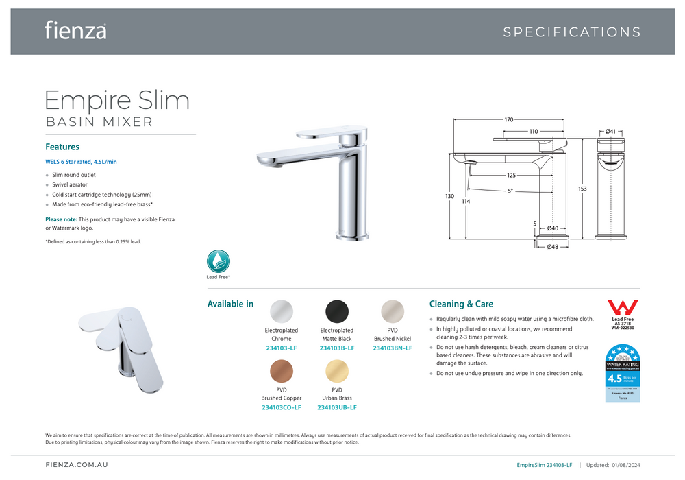 Fienza Empire Slim Cold Start Basin Mixer Brushed Copper