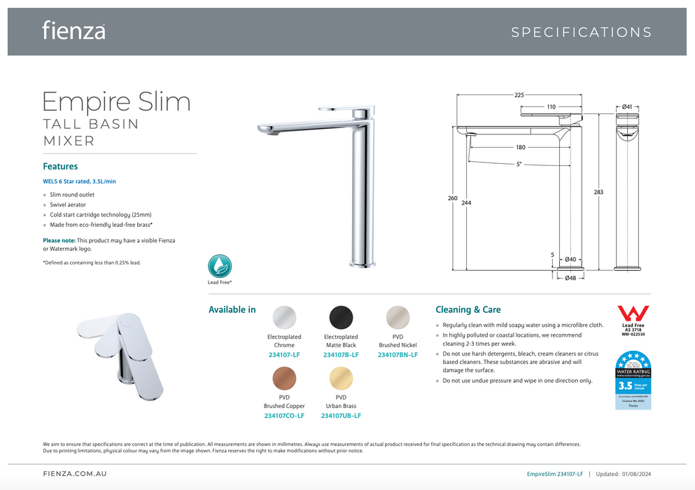 Fienza Empire Slim Cold Start Tall Basin Mixer Matte Black
