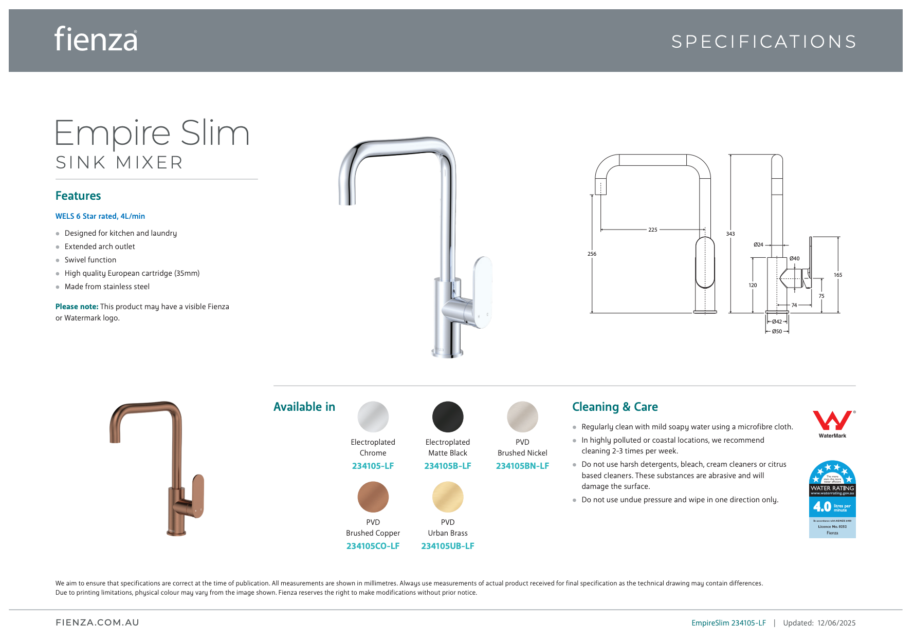 Fienza Empire Slim Sink Mixer Matte Black