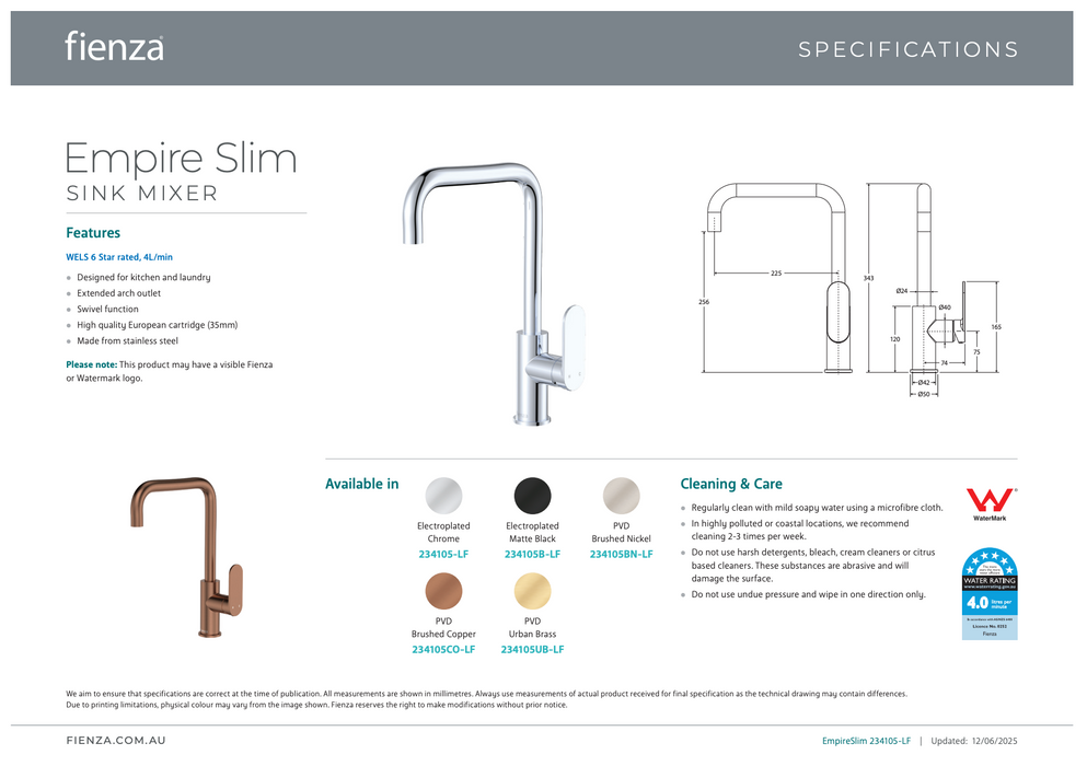 Fienza Empire Slim Pull Out Sink Mixer Urban Brass