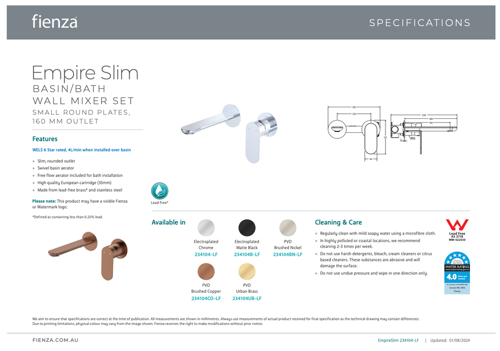 Fienza Empire Slim Wall Basin/Bath Mixer Set 160mm Brushed Copper