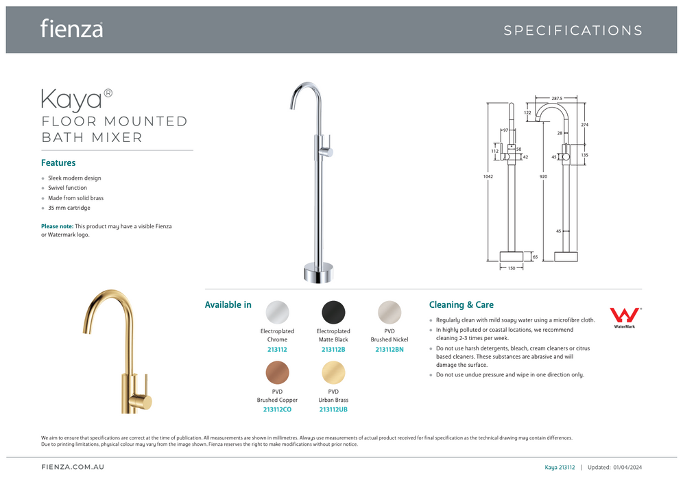 Fienza Kaya Floor Mounted Bath Mixer Brushed Nickel