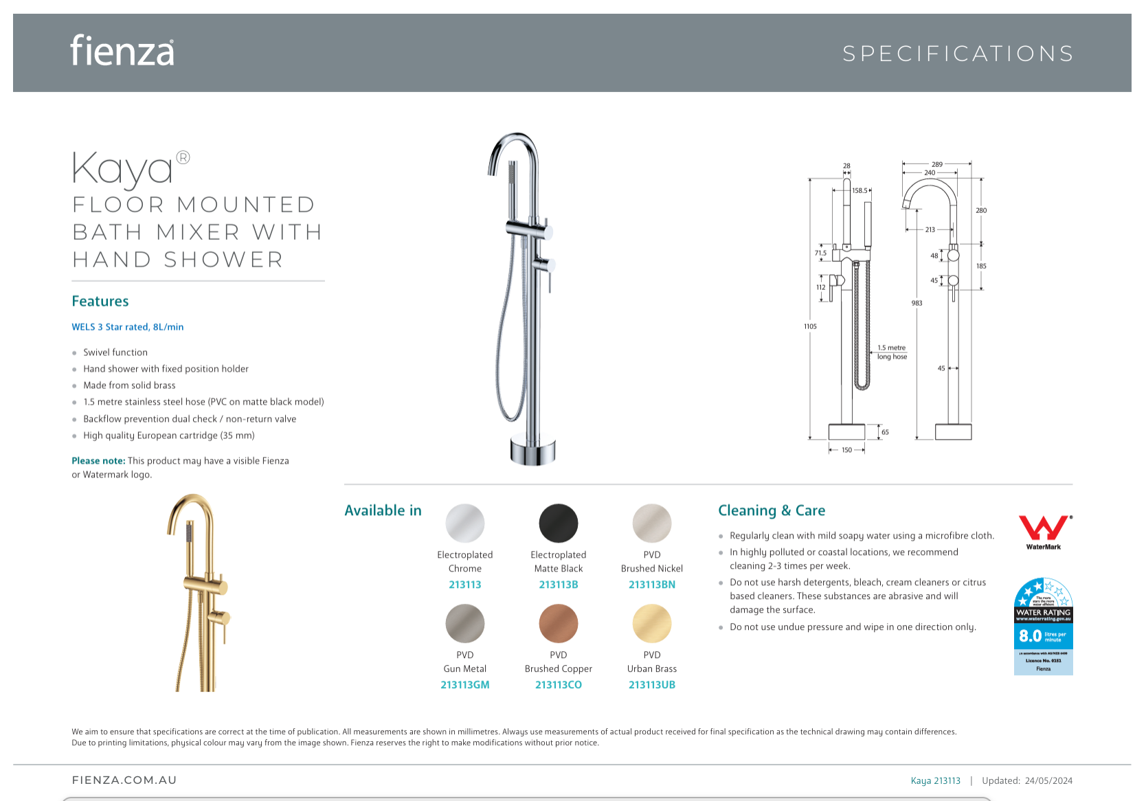 Fienza Kaya Floor Mounted Bath Mixer With Handshower Chrome