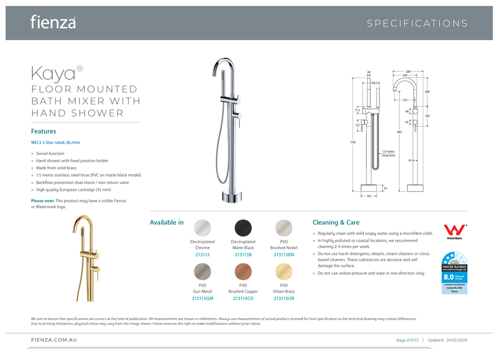 Fienza Kaya Floor Mounted Bath Mixer With Handshower Matte Black