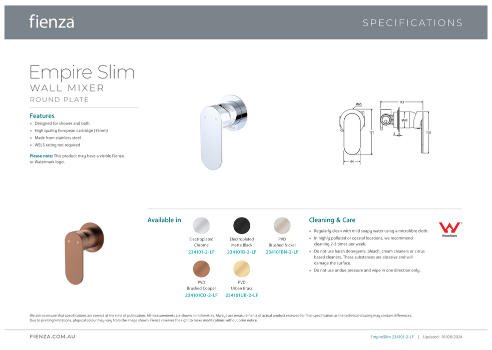 Fienza Empire Slim Wall Mixer Round Plate Brushed Copper