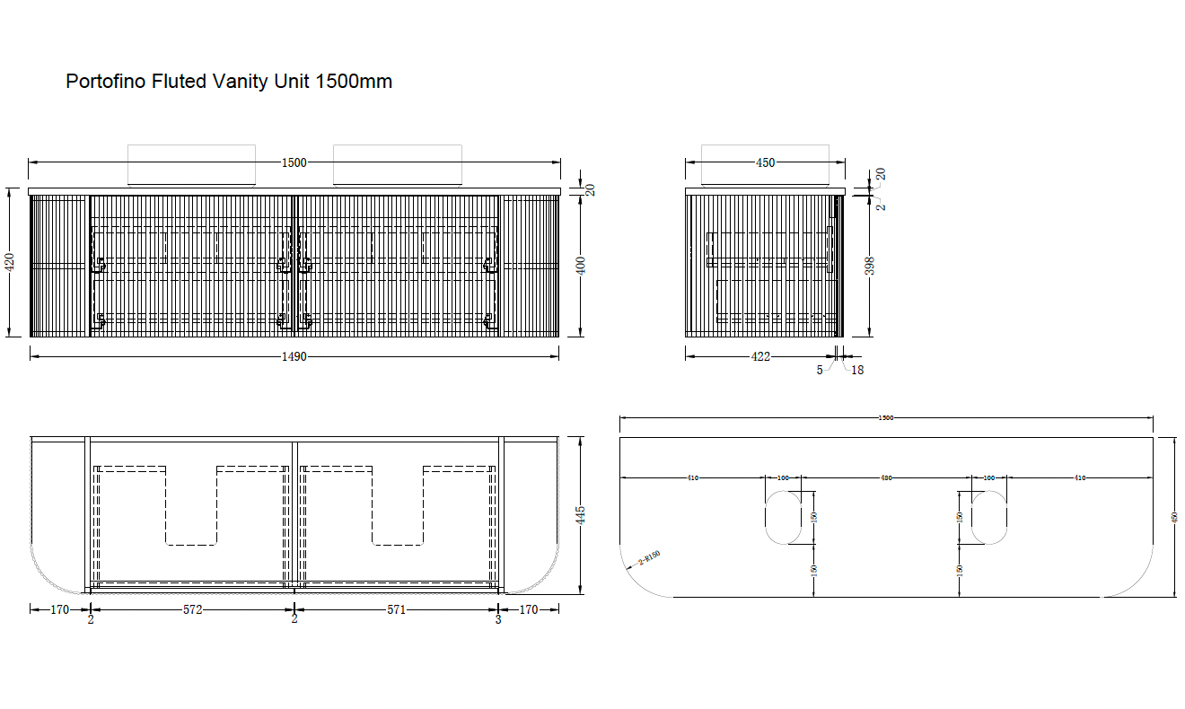 1500mm Portofino White Flute Vanity Unit