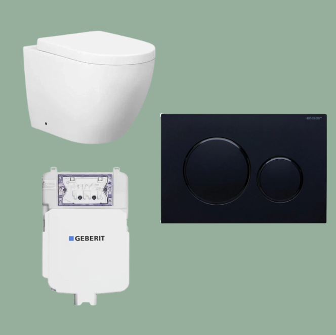 Mimi T4 Rimless Wall Faced Pan, Geberit Cistern & Button Package BLACK