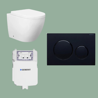 Mimi T4 Rimless Wall Faced Pan, Geberit Cistern & Button Package BLACK