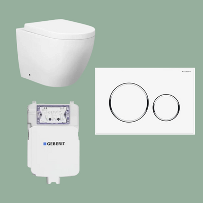 Mimi T4 Rimless Wall Faced Pan, Geberit Cistern & Button Package WHITE