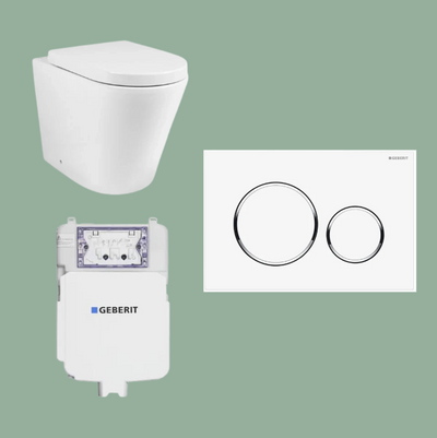 Mimi T3 Rimless Wall Faced Pan, Geberit Cistern & Button Package WHITE