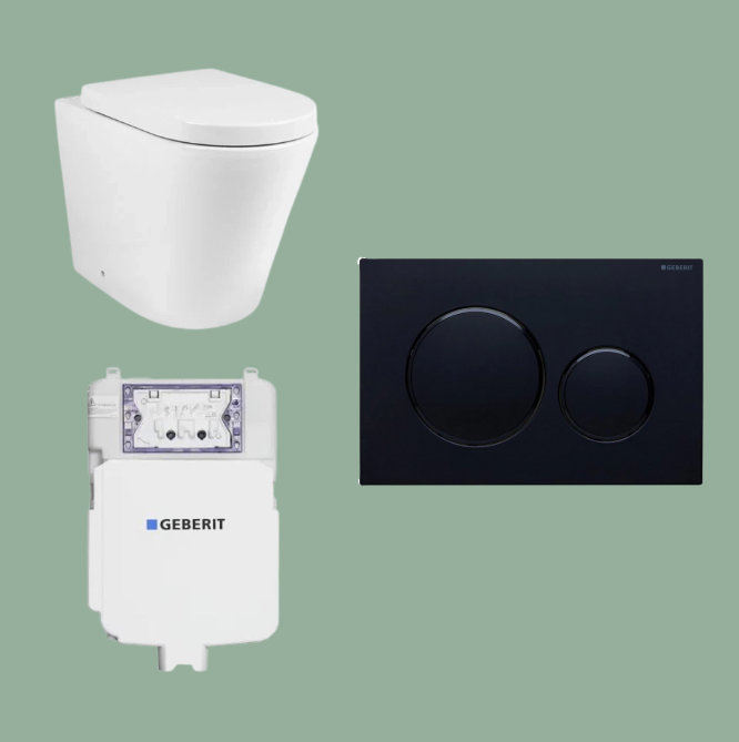 Mimi T3 Rimless Wall Faced Pan, Geberit Cistern & Button Package BLACK