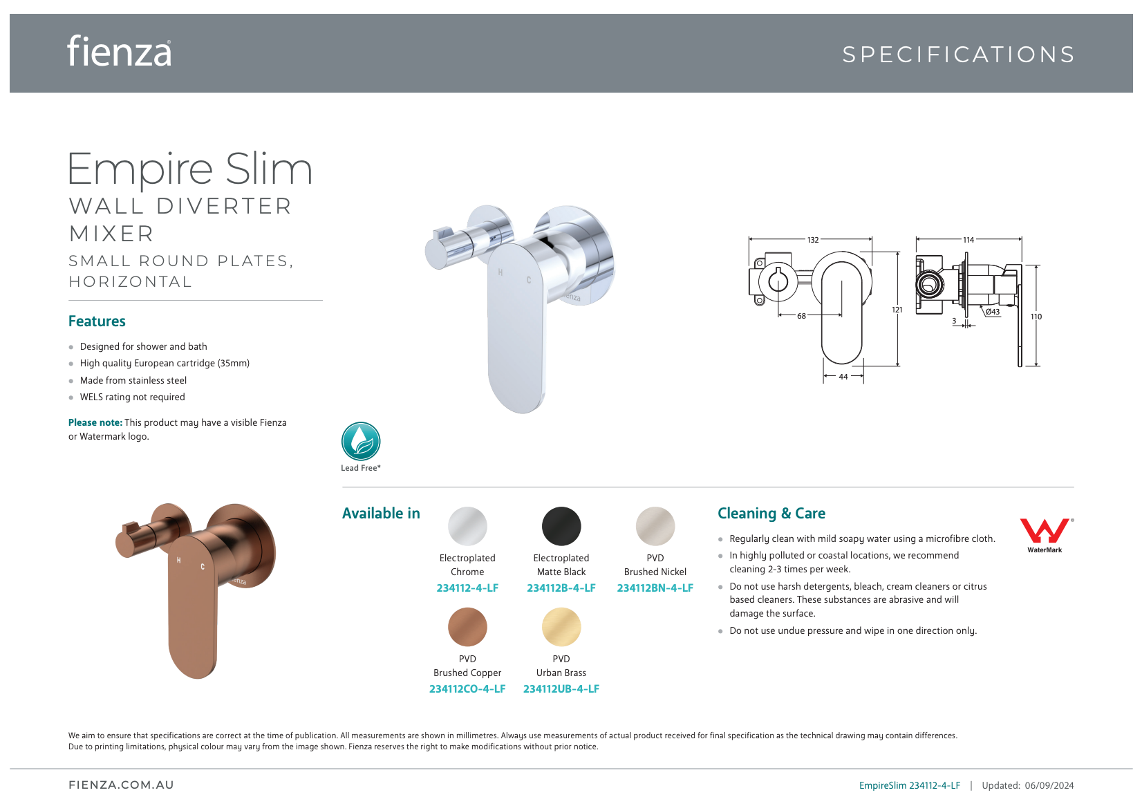 Fienza Empire Slim Wall Mixer & Diverter Small Round Plates Horizontal Urban Brass