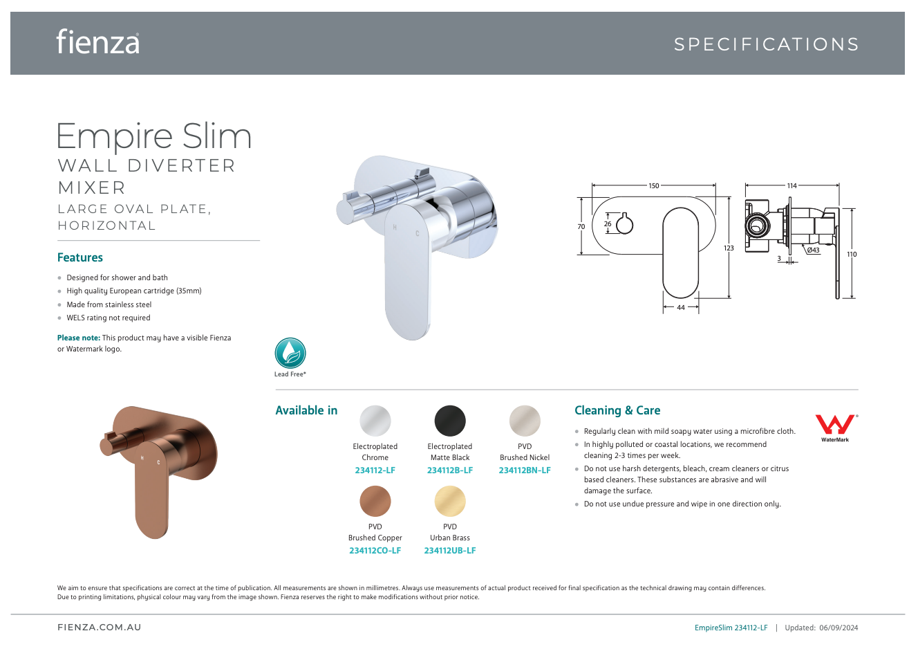 Fienza Empire Slim Wall Mixer & Diverter Oval Plate Horizontal Urban Brass