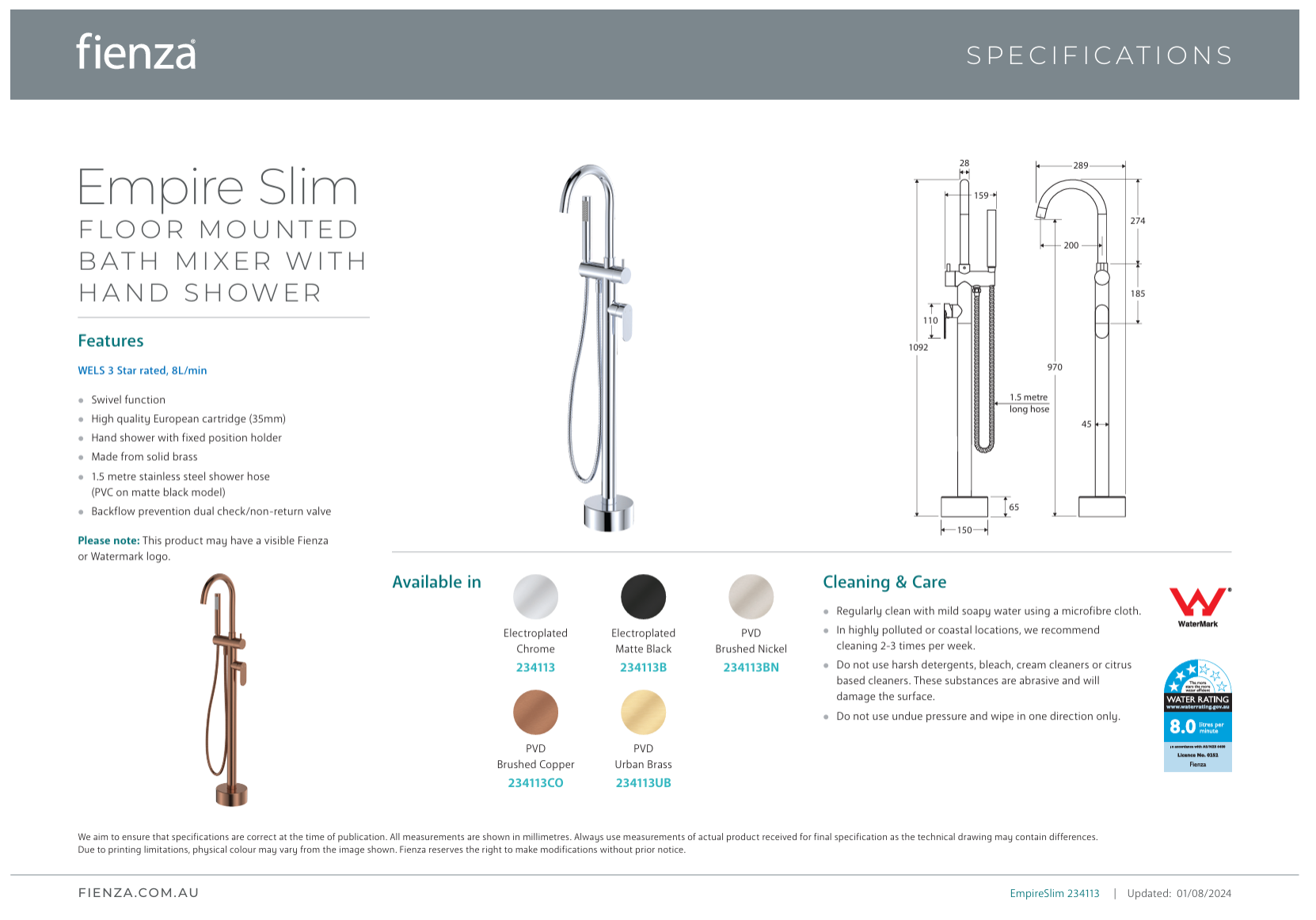 Fienza Empire Slim Floor Mounted Bath Mixer & Handshower Brushed Copper